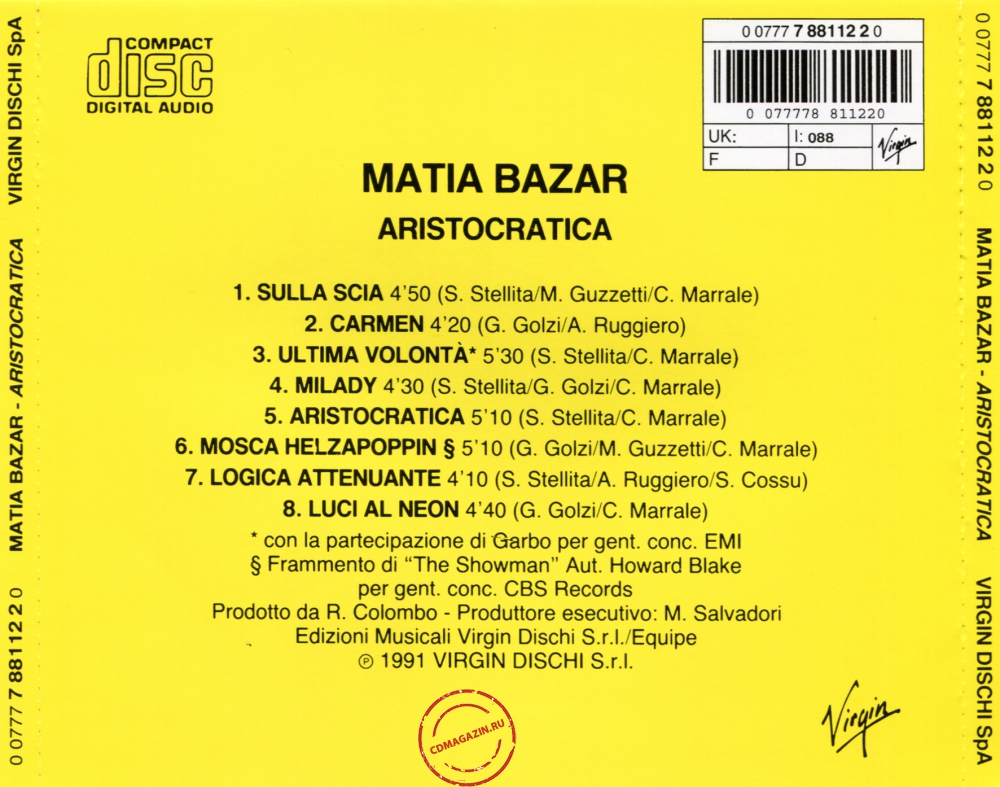 Audio CD: Matia Bazar (1984) Aristocratica