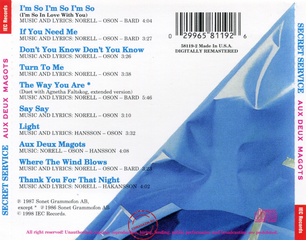 Audio CD: Secret Service (1987) Aux Deux Magots Audio CD: Secret Service (1987) Aux Deux Magots