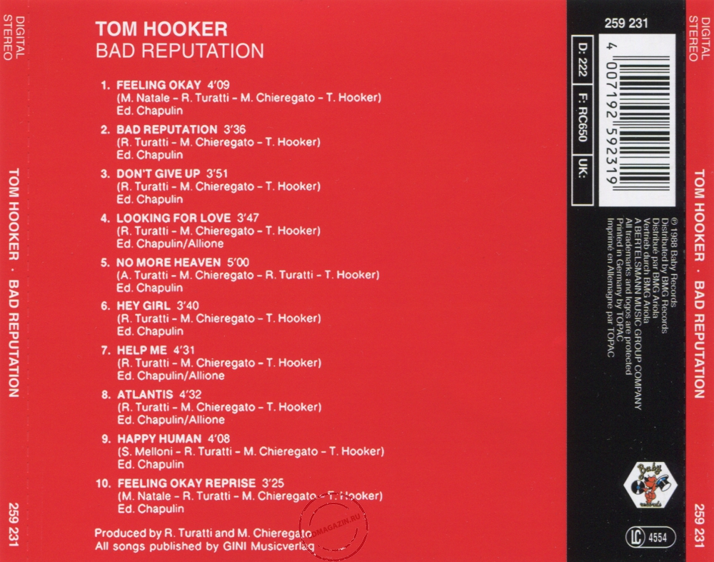 Audio CD: Tom Hooker (1988) Bad Reputation