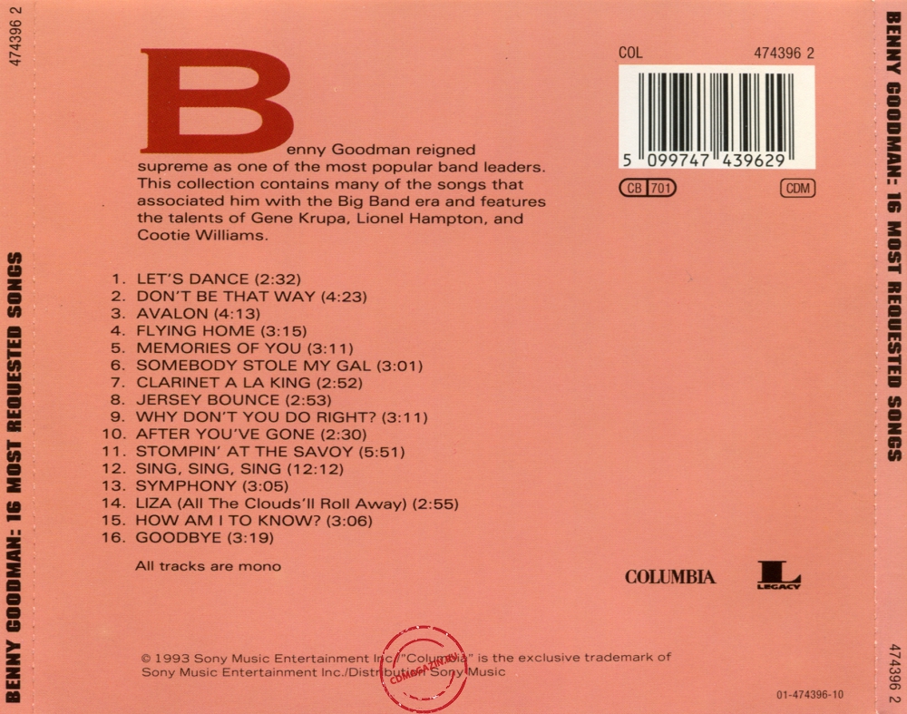 Audio CD: Benny Goodman (1993) 16 Most Requested Songs Audio CD: Benny Goodman (1993) 16 Most Requested Songs
