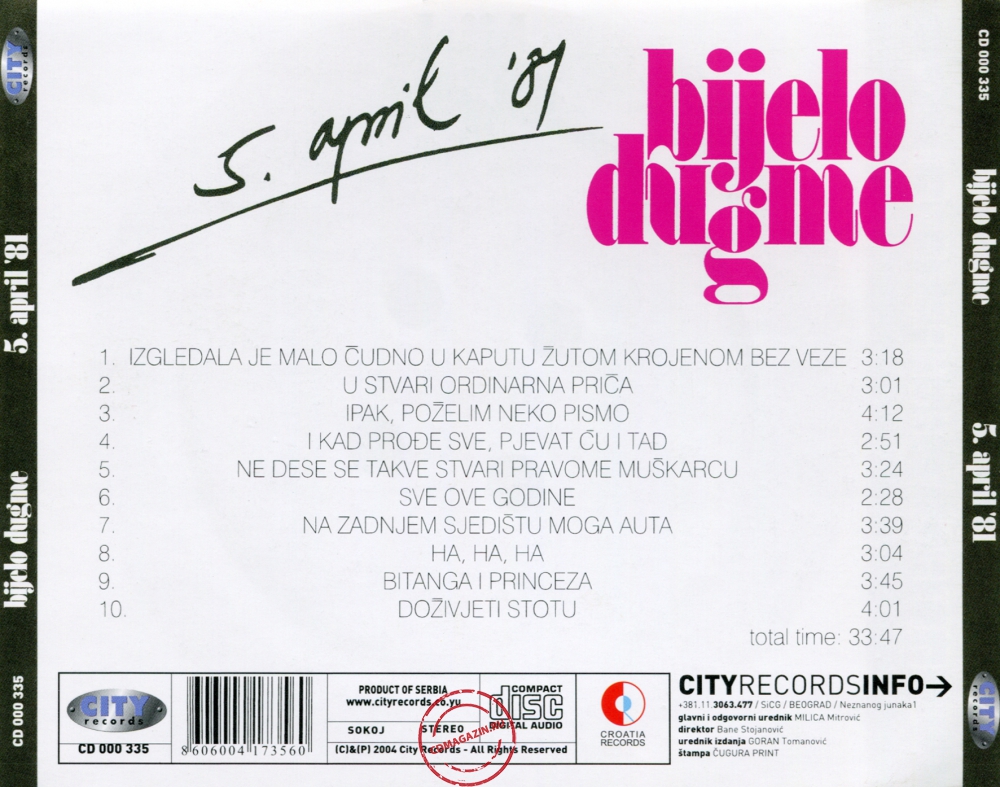 Audio CD: Bijelo Dugme (1981) 5. April '81. Audio CD: Bijelo Dugme (1981) 5. April '81.