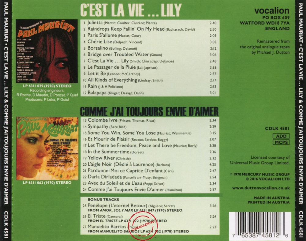 Audio CD: Paul Mauriat (1970) C'est La Vie... Lily + Comme J'ai Toujours Envie D'aimer Audio CD: Paul Mauriat (1970) C'est La Vie... Lily + Comme J'ai Toujours Envie D'aimer