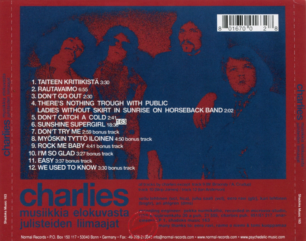 Audio CD: Charlies (1970) Musiikkia Elokuvasta Julisteiden Liimaajat Audio CD: Charlies (1970) Musiikkia Elokuvasta Julisteiden Liimaajat