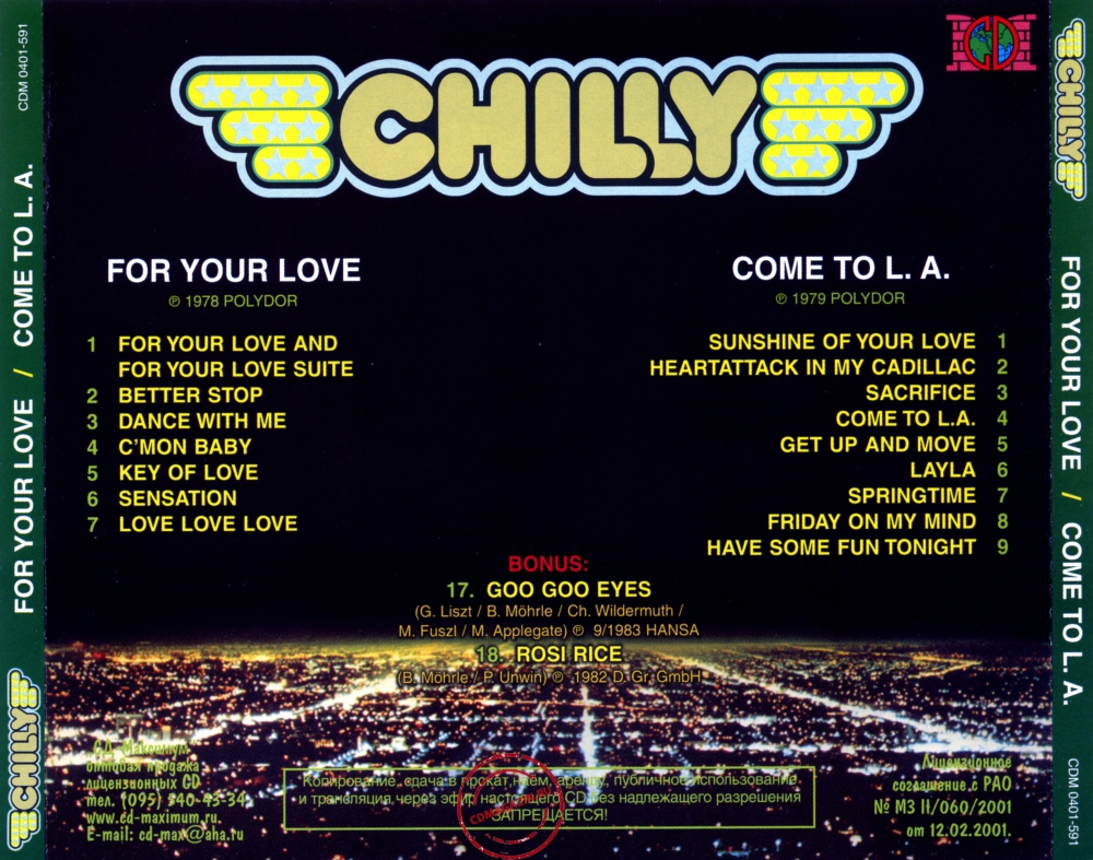 Audio CD: Chilly (1978) For Your Love + Come To L.A. Audio CD: Chilly (1978) For Your Love + Come To L.A.