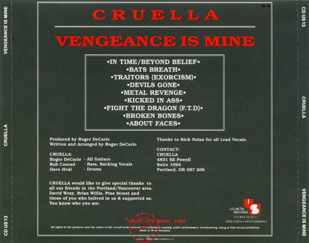 Audio CD: Cruella (1989) Vengeance Is Mine Audio CD: Cruella (1989) Vengeance Is Mine