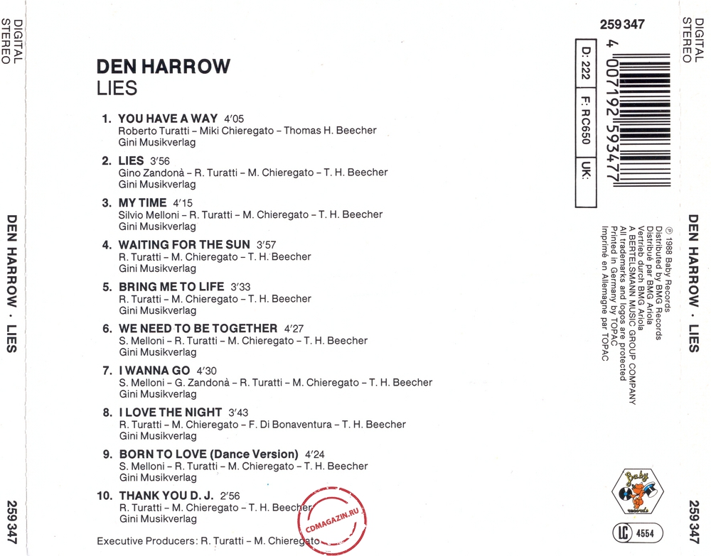 Audio CD: Den Harrow (1988) Lies
