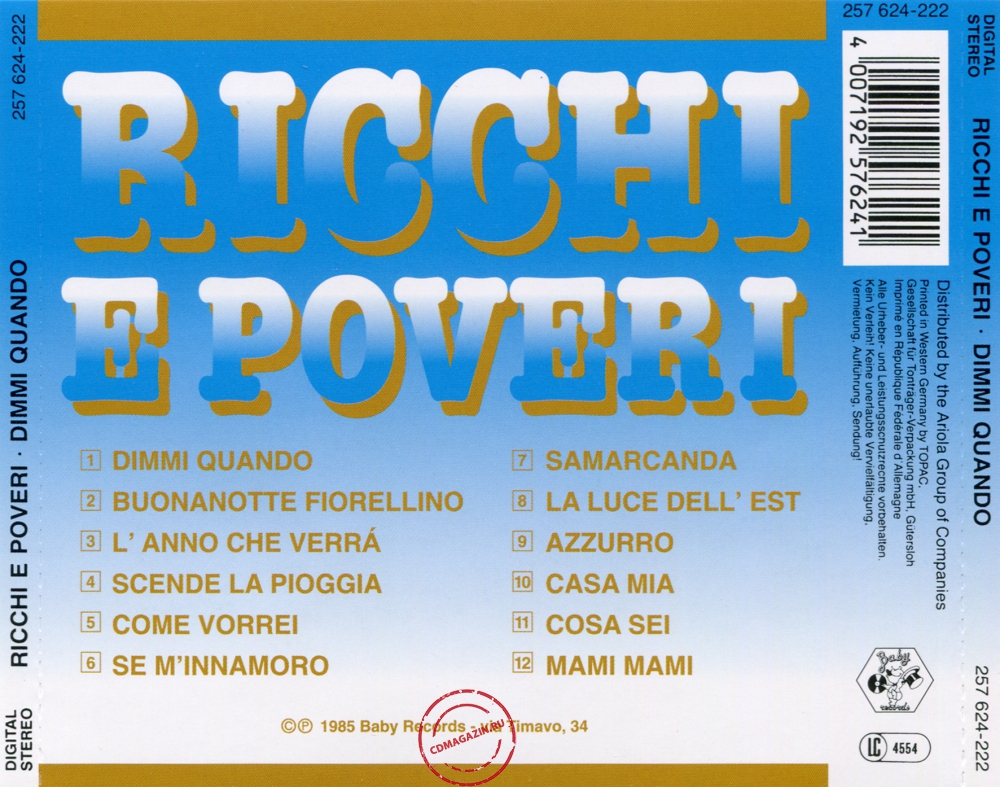 Audio CD: Ricchi E Poveri (1985) Dimmi Quando Audio CD: Ricchi E Poveri (1985) Dimmi Quando