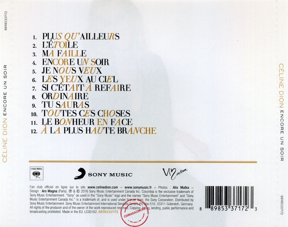 Audio CD: Celine Dion (2016) Encore Un Soir Audio CD: Celine Dion (2016) Encore Un Soir