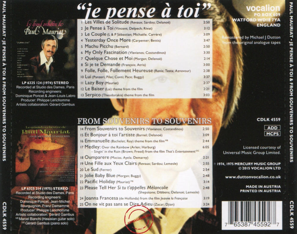 Audio CD: Paul Mauriat (1974) Je Pense A Toi + From Souvenirs To Souvenirs