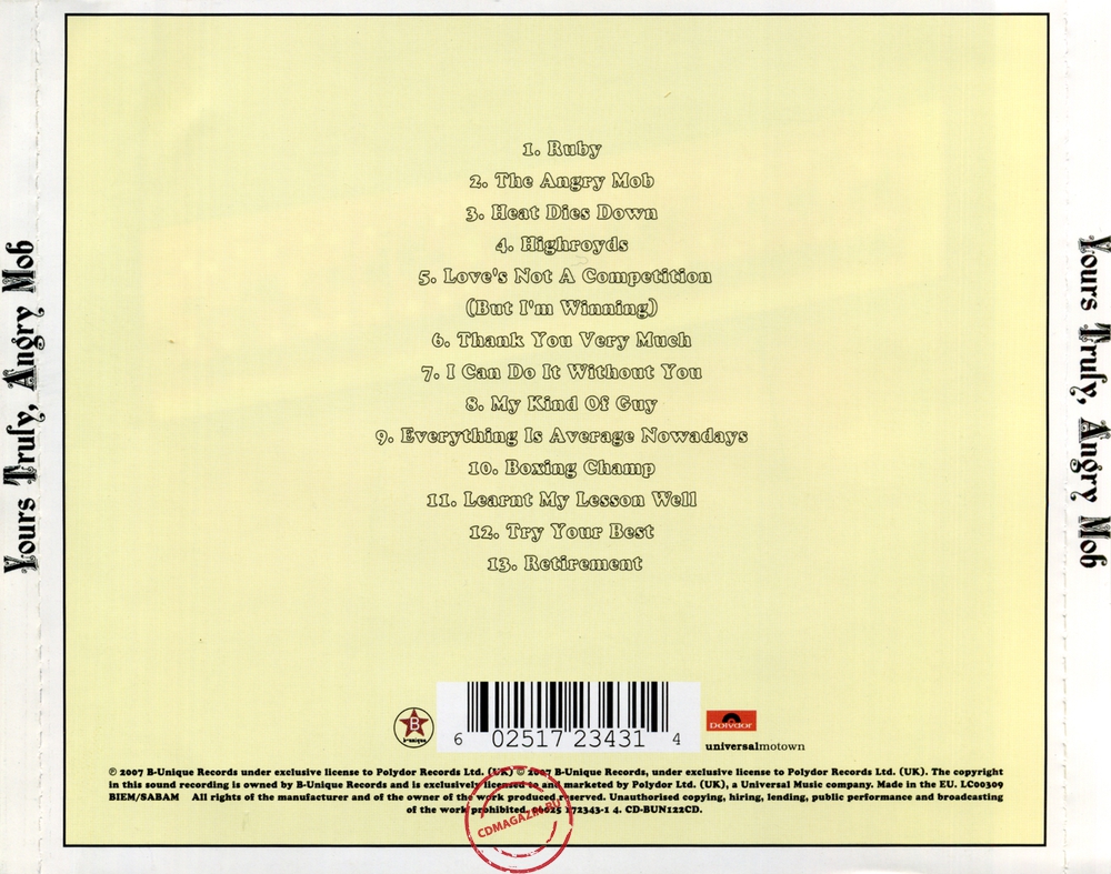 Audio CD: Kaiser Chiefs (2007) Yours Truly, Angry Mob Audio CD: Kaiser Chiefs (2007) Yours Truly, Angry Mob