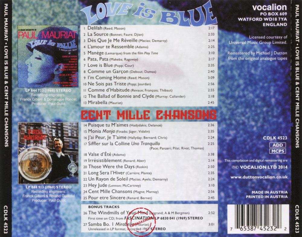 Audio CD: Paul Mauriat (1968) Love Is Blue + Cent Mille Chansons Audio CD: Paul Mauriat (1968) Love Is Blue + Cent Mille Chansons