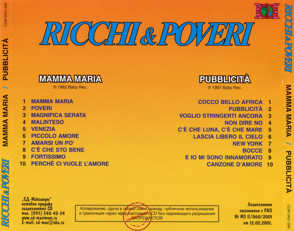 Audio CD: Ricchi E Poveri (1982) Mamma Maria + Pubblicita
