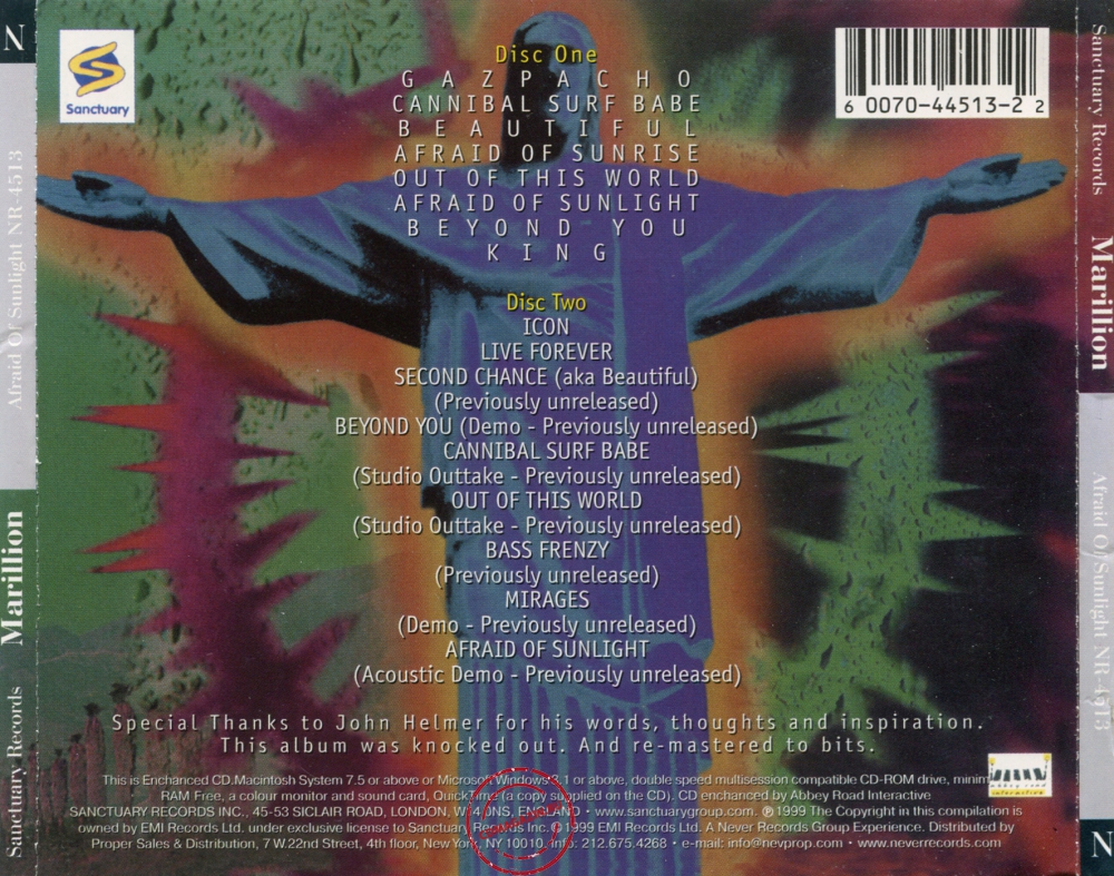 Audio CD: Marillion (1995) Afraid Of Sunlight Audio CD: Marillion (1995) Afraid Of Sunlight