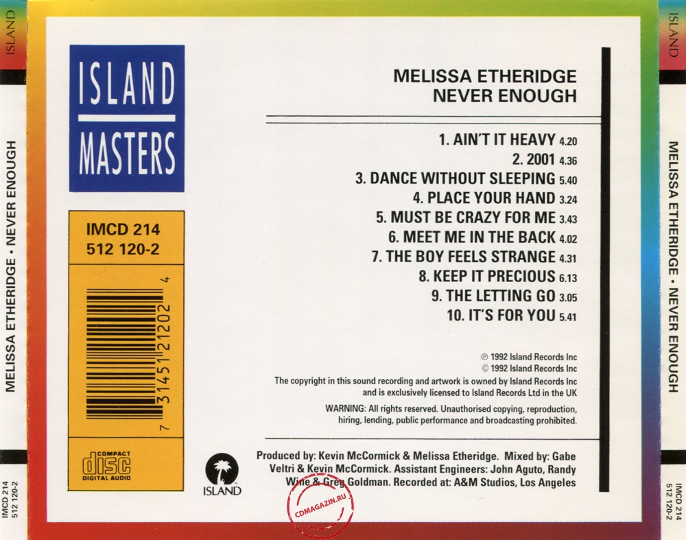 Audio CD: Melissa Etheridge (1992) Never Enough