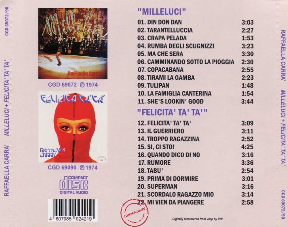 Audio CD: Raffaella Carra (1974) Milleluci + Felicita' Ta' Ta' Audio CD: Raffaella Carra (1974) Milleluci + Felicita' Ta' Ta'