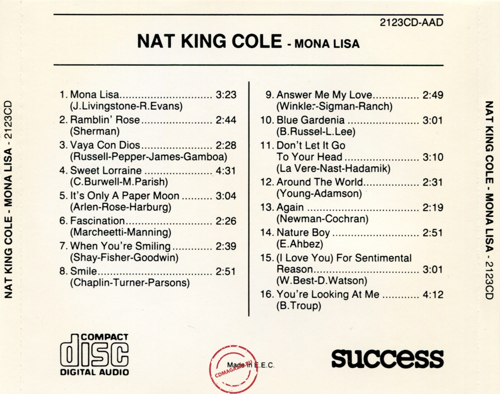 Audio CD: Nat King Cole (1989) Mona Lisa Audio CD: Nat King Cole (1989) Mona Lisa