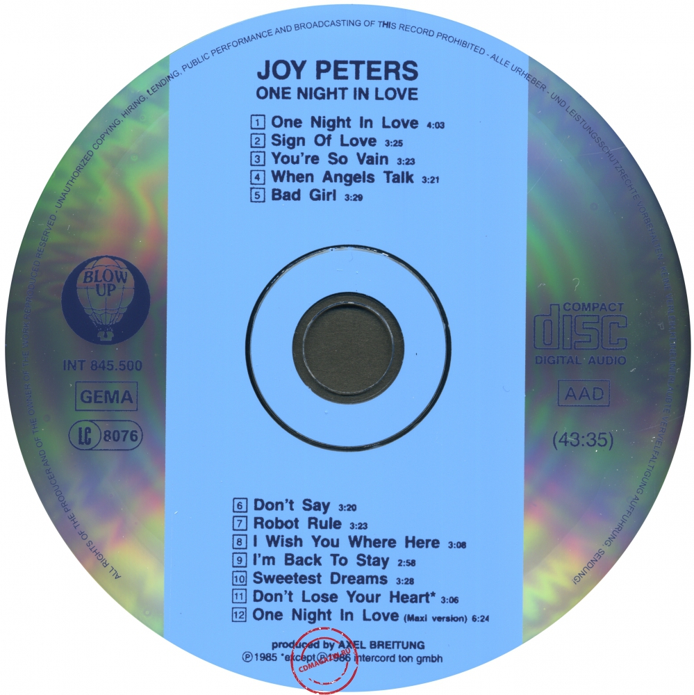 Audio CD: Joy Peters (1985) One Night In Love