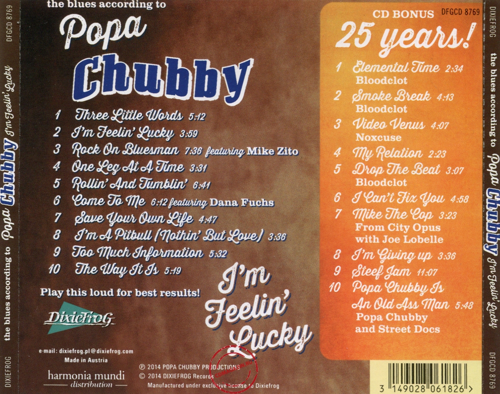 Audio CD: Popa Chubby (2014) I'm Feelin' Lucky