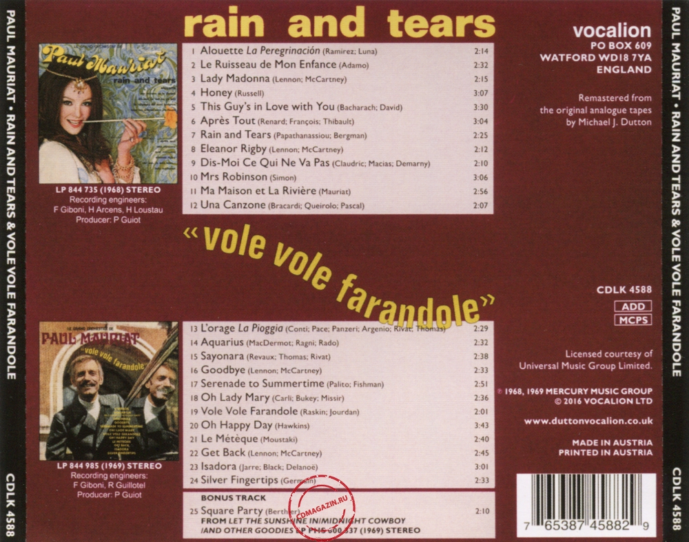 Audio CD: Paul Mauriat (1968) Rain And Tears + Vole Vole Farandole Audio CD: Paul Mauriat (1968) Rain And Tears + Vole Vole Farandole