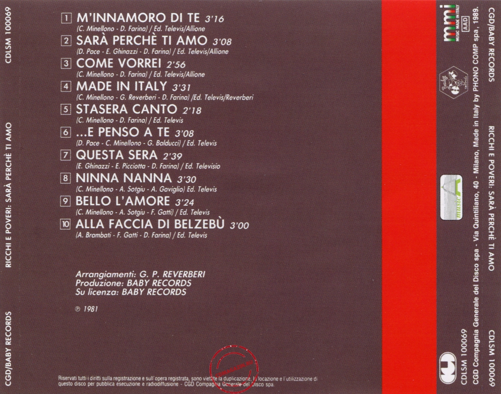 Audio CD: Ricchi E Poveri (1981) Sara Perche Ti Amo ( ...E Penso A Te)