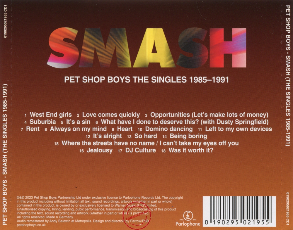 Audio CD: Pet Shop Boys (2023) Smash (The Singles 1985-1991) Audio CD: Pet Shop Boys (2023) Smash (The Singles 1985-1991)
