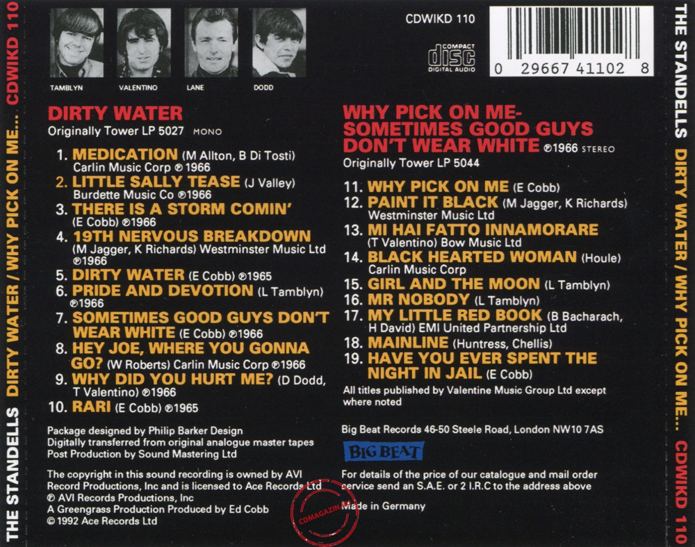Audio CD: Standells (1966) Dirty Water / Why Pick On Me