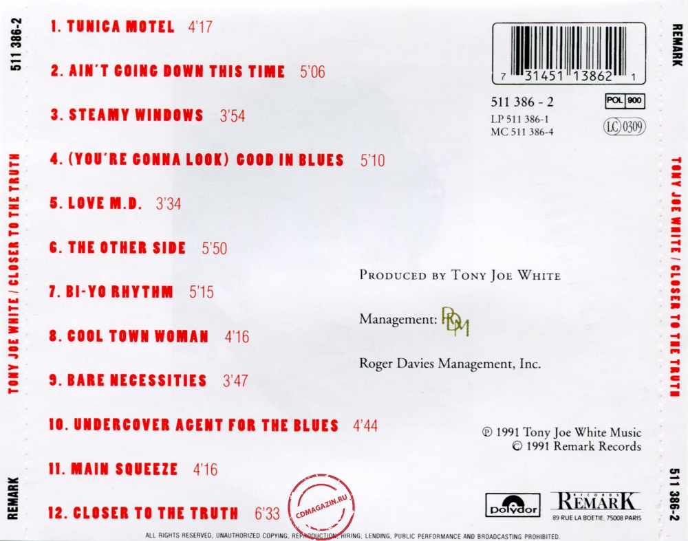 Audio CD: Tony Joe White (1991) Closer To The Truth
