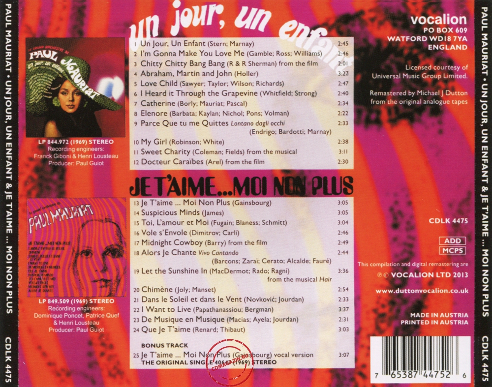 Audio CD: Paul Mauriat (1969) Un Jour, Un Enfant + Je T'Aime...Moi Non Plus Audio CD: Paul Mauriat (1969) Un Jour, Un Enfant + Je T'Aime...Moi Non Plus