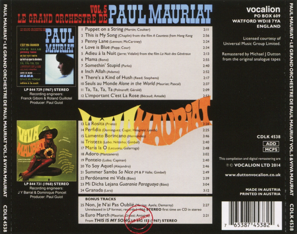 Audio CD: Paul Mauriat (1967) Volume 5 + Viva Mauriat Audio CD: Paul Mauriat (1967) Volume 5 + Viva Mauriat