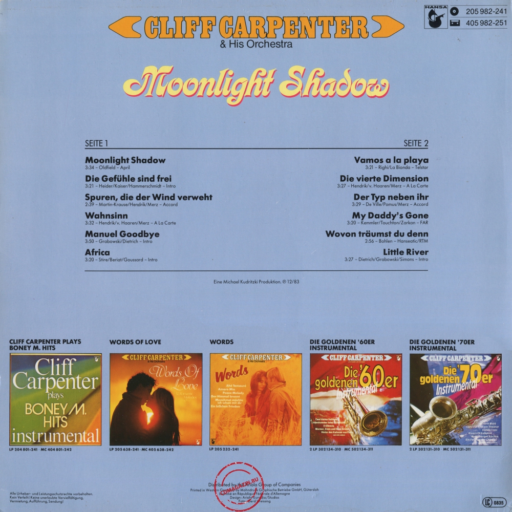 Оцифровка винила: Cliff Carpenter (1983) Moonlight Shadow