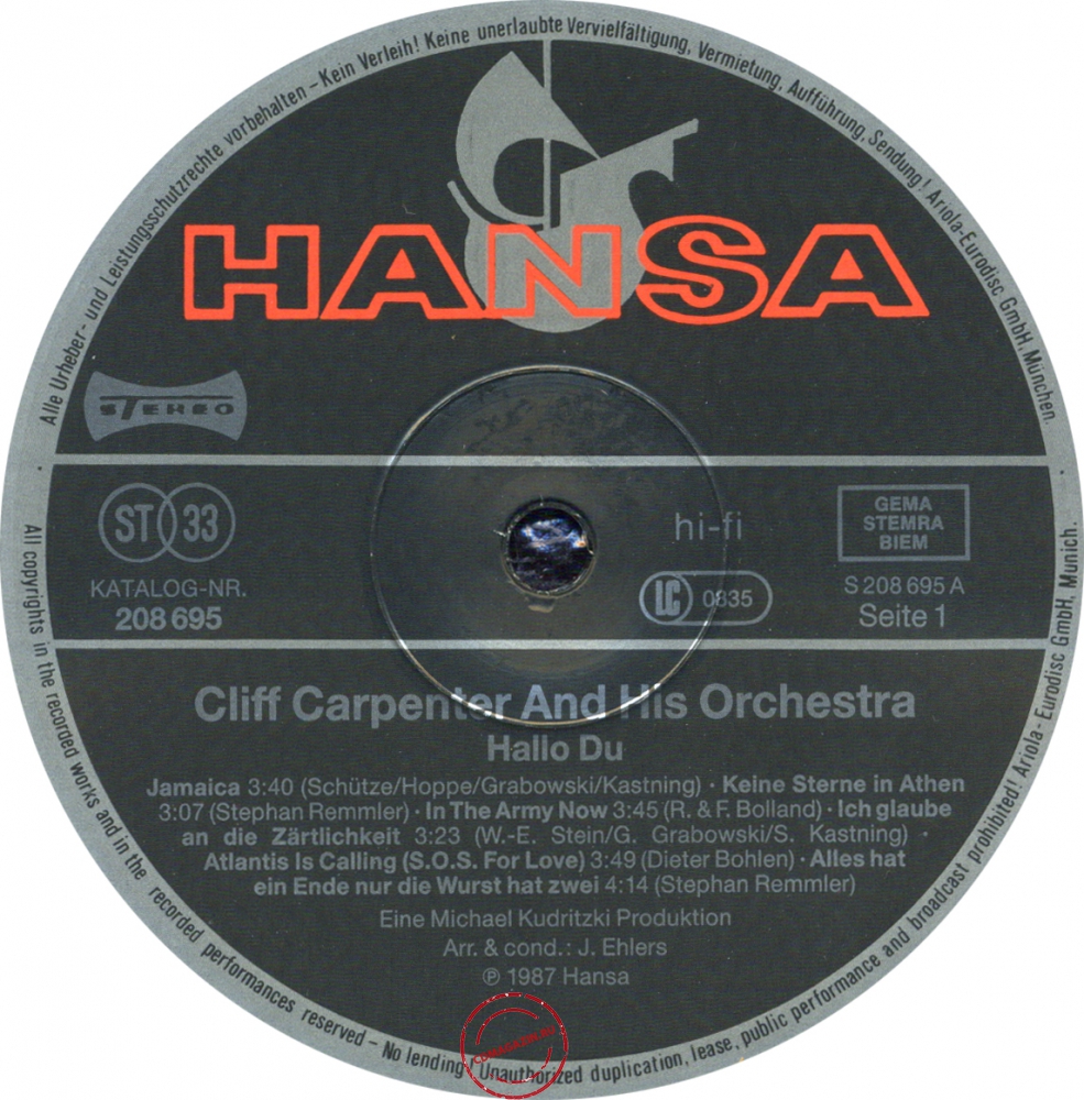 Оцифровка винила: Cliff Carpenter (1987) Hallo Du