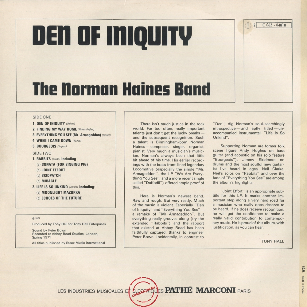 Оцифровка винила: Norman Haines Band (1971) Den Of Iniquity Оцифровка винила: Norman Haines Band (1971) Den Of Iniquity