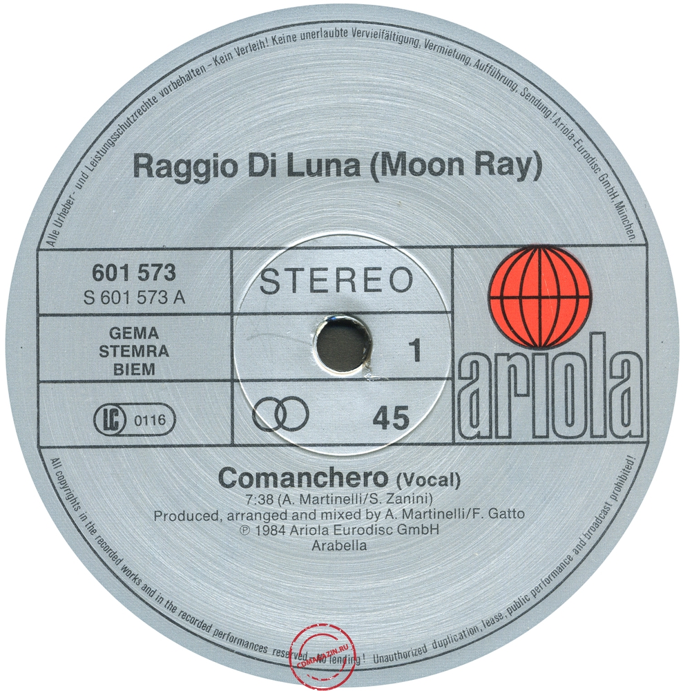 Оцифровка винила: Raggio Di Luna (Moon Ray) (1984) Comanchero