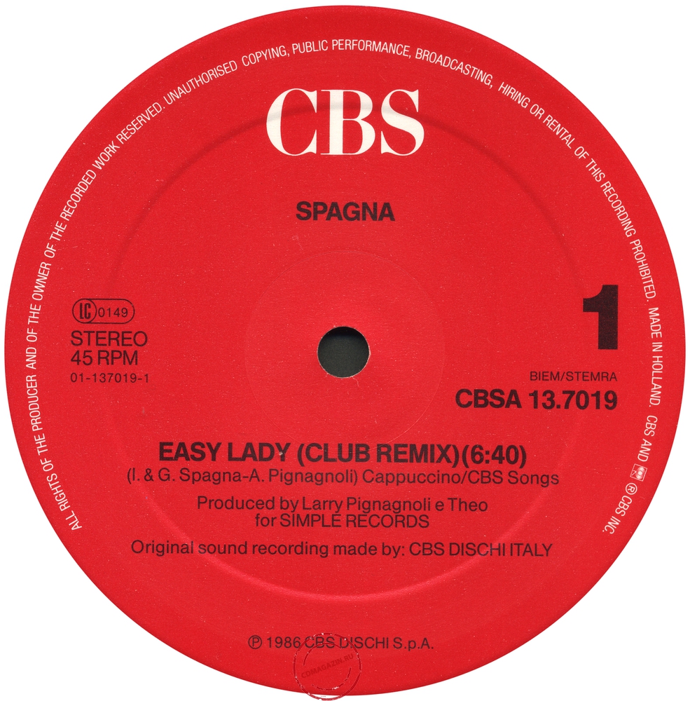 Оцифровка винила: Spagna (1986) Easy Lady (Club Remix)