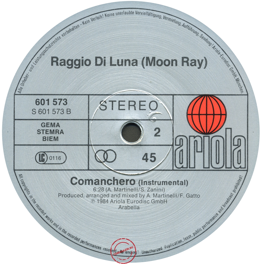 Оцифровка винила: Raggio Di Luna (Moon Ray) (1984) Comanchero