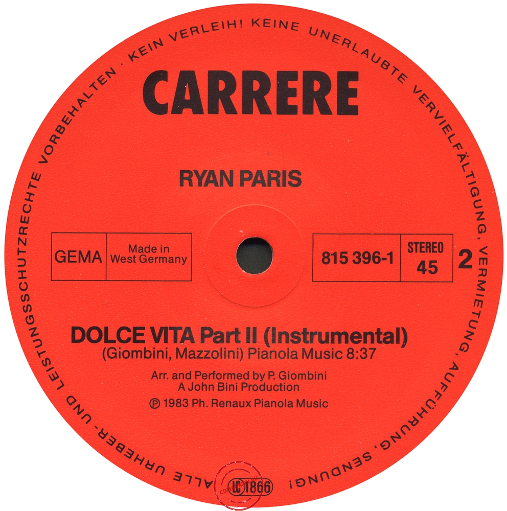 Оцифровка винила: Ryan Paris (1983) Dolce Vita (Original Version)