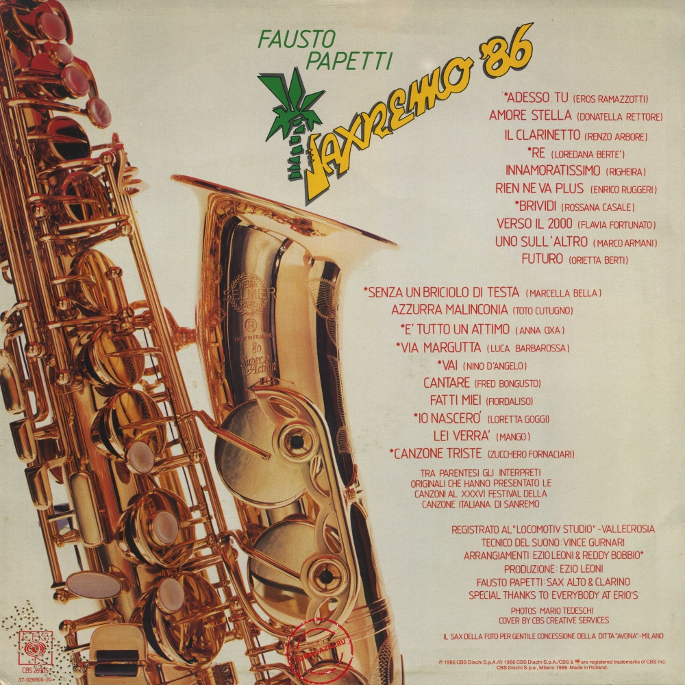 Оцифровка винила: Fausto Papetti (1986) Saxremo '86 (41a Raccolta) Оцифровка винила: Fausto Papetti (1986) Saxremo '86 (41a Raccolta)