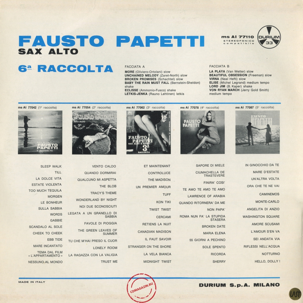 Оцифровка винила: Fausto Papetti (1965) 6a Raccolta