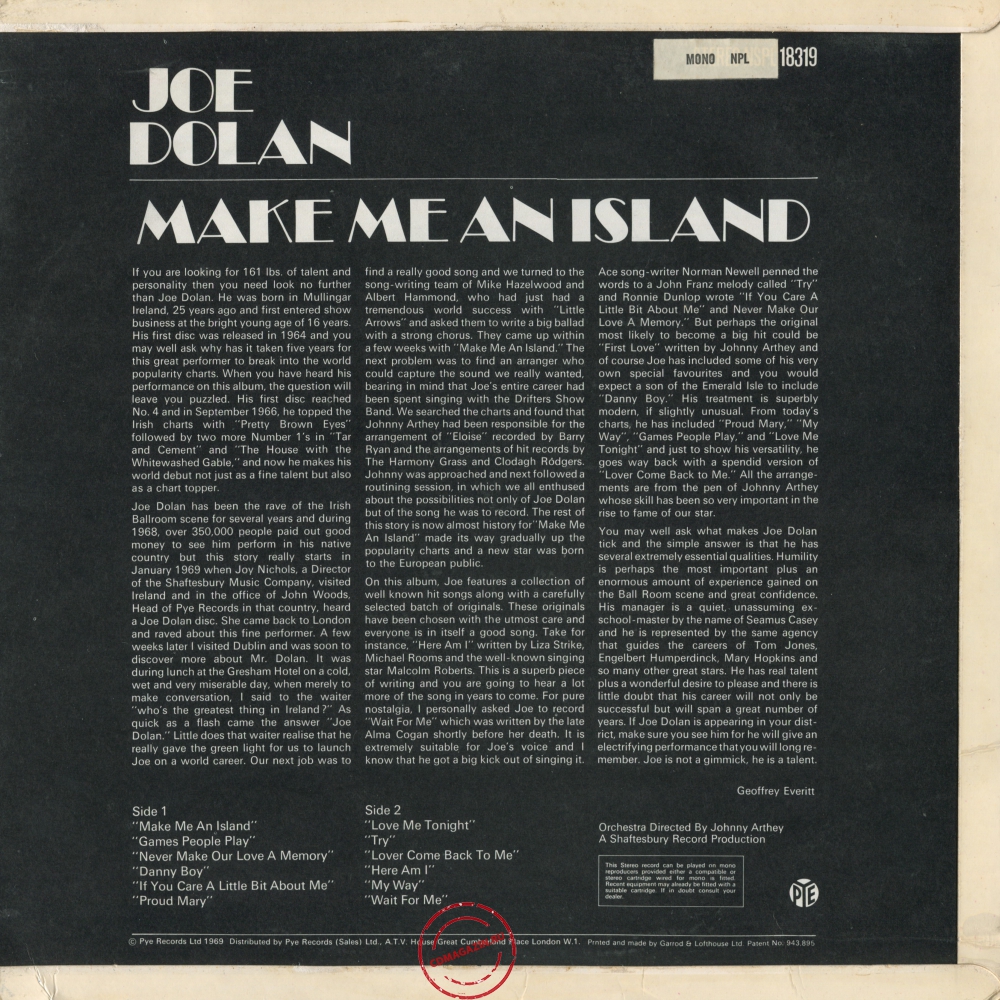 Оцифровка винила: Joe Dolan (1969) Make Me An Island