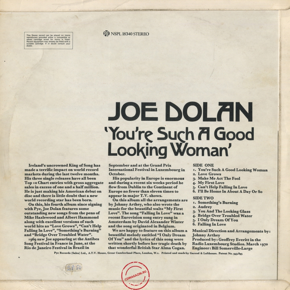 Оцифровка винила: Joe Dolan (1970) You're Such A Good Looking Woman