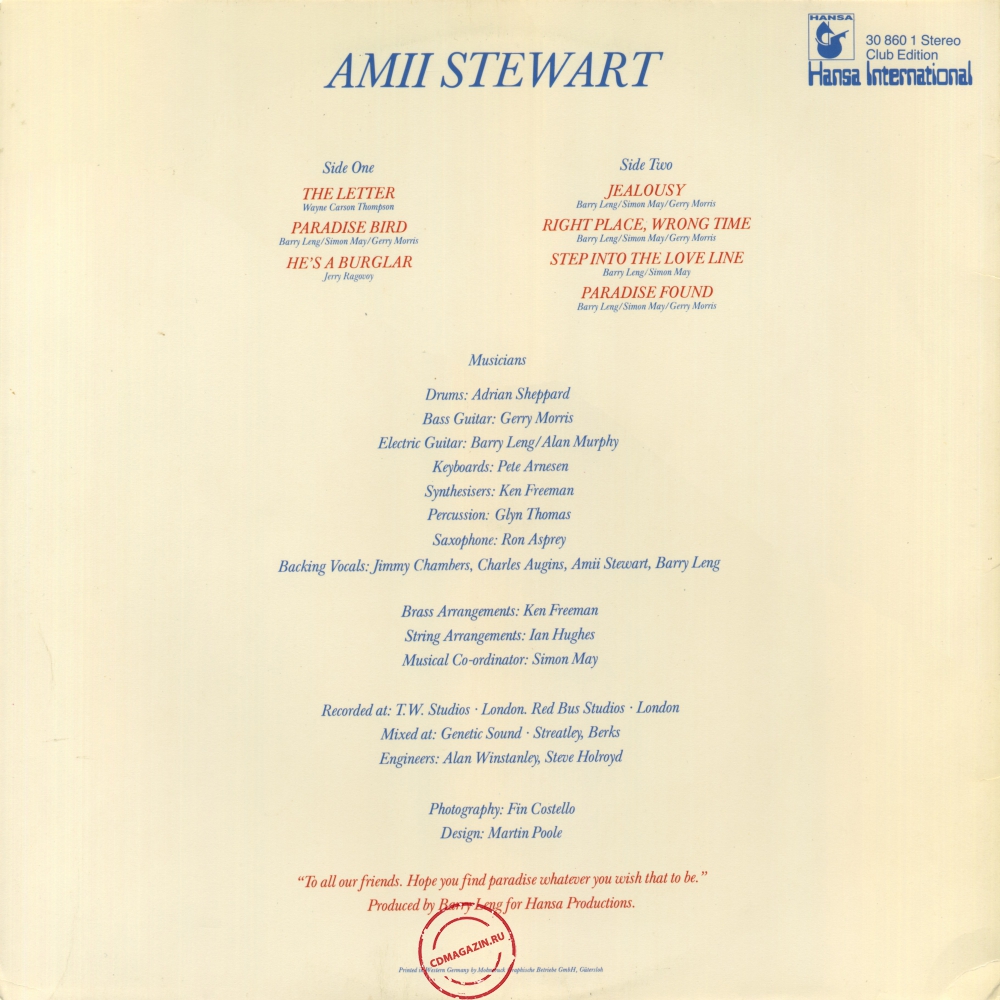 Оцифровка винила: Amii Stewart (1979) Paradise Bird Оцифровка винила: Amii Stewart (1979) Paradise Bird