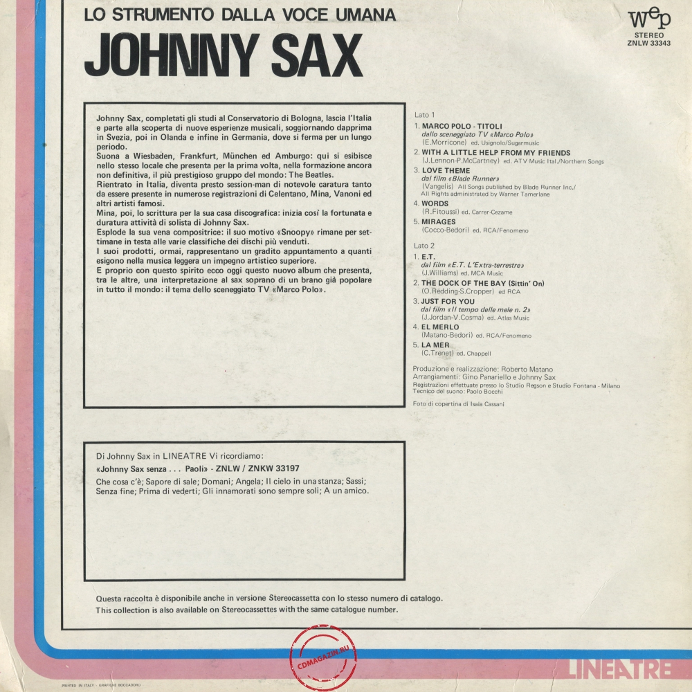 Оцифровка винила: Johnny Sax (1983) Lo Strumento Dalla Voce Umana Оцифровка винила: Johnny Sax (1983) Lo Strumento Dalla Voce Umana