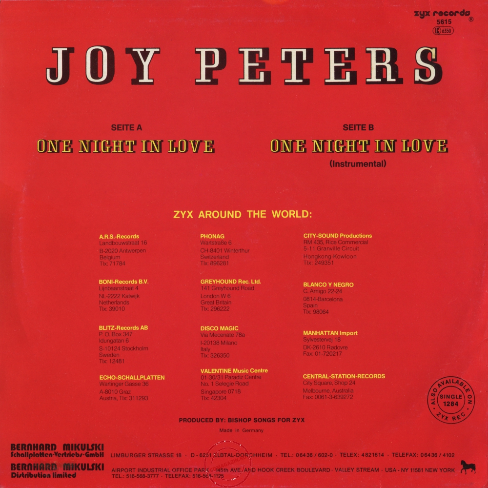 Оцифровка винила: Joy Peters (1987) One Night In Love